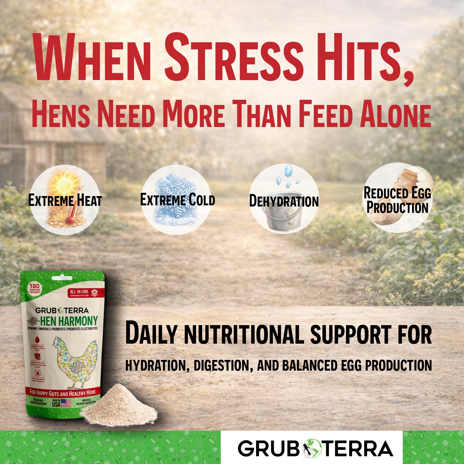 Advertisement for Grub & Terra Hen Harmony supplement with text about stress on chickens and product packaging.