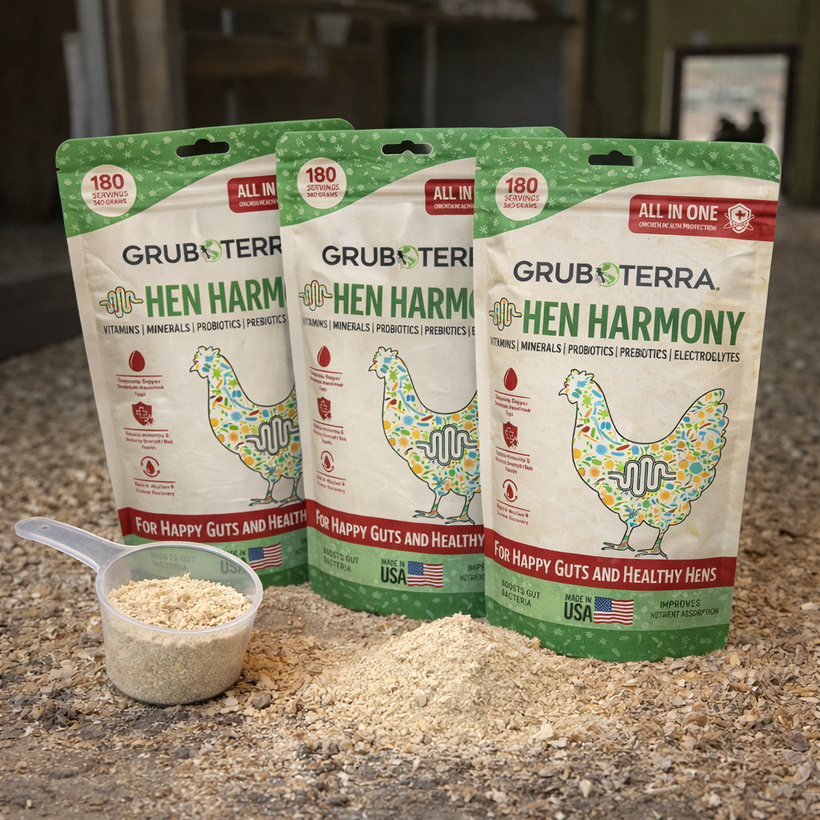 Three packages of Grub & Terra Hen Harmony on a gravel surface with a scoop of product.