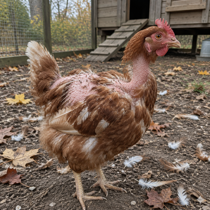 A molting hen with bare patches and loose feathers