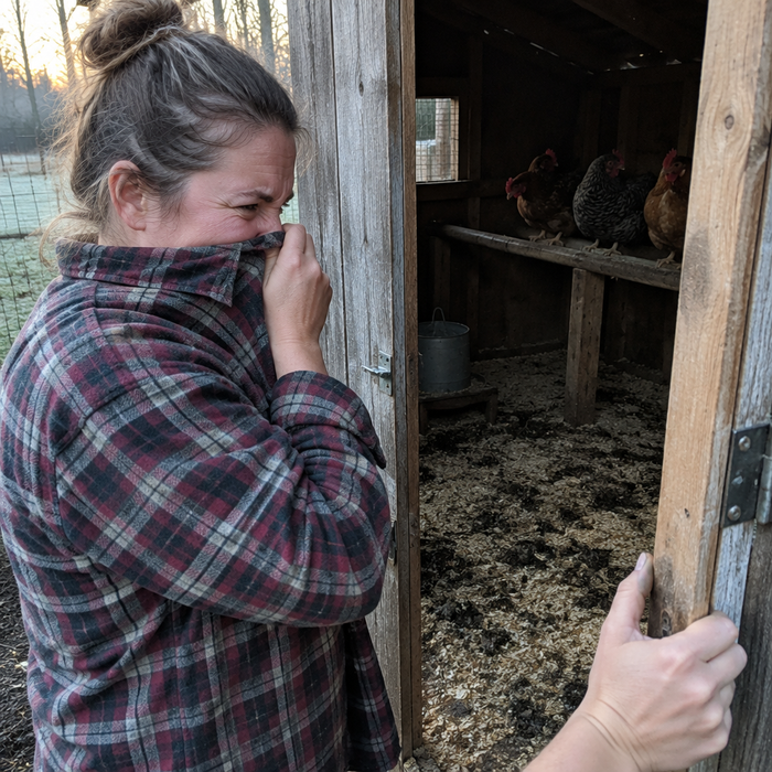 A keeper covering her nose at the coop door