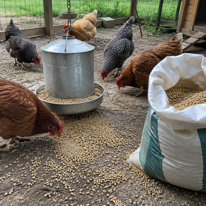 Hens at a feeder of plain layer pellets