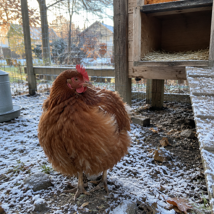 A hen fluffed up against the cold