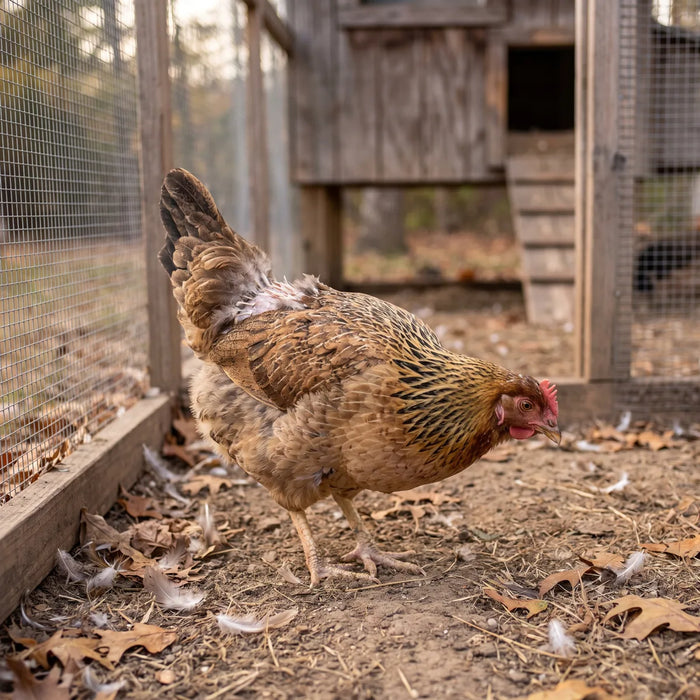 Hen with rough, thin feathers