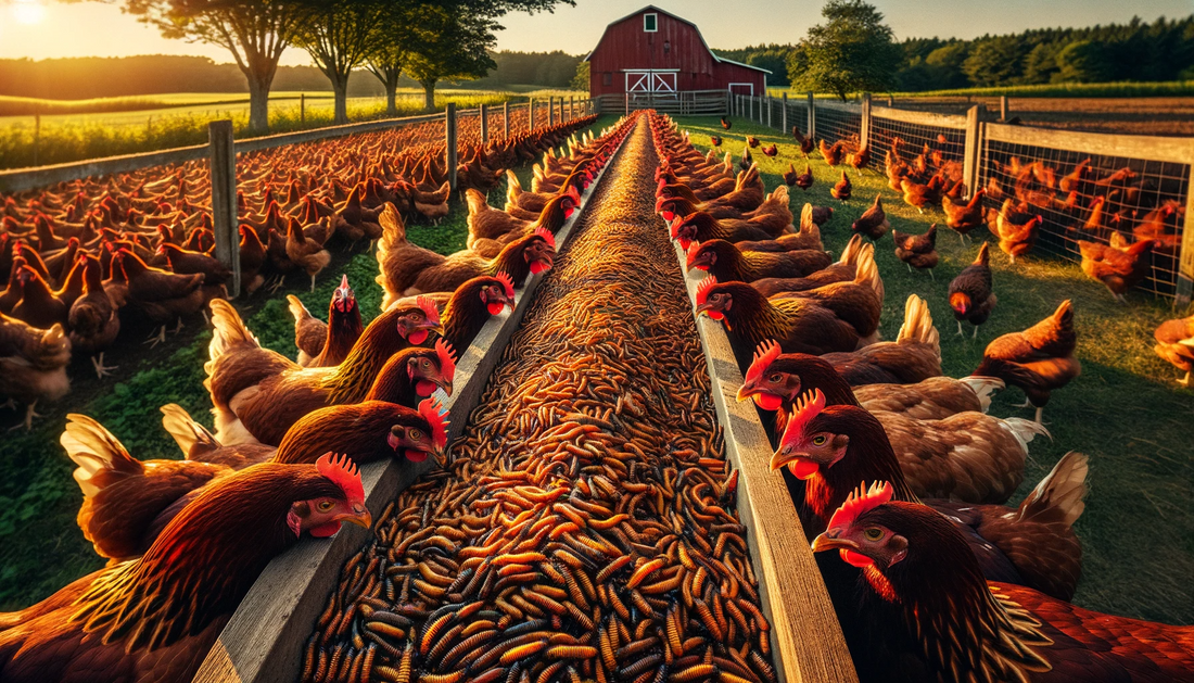hundreds of chickens in a line eating black soldier fly larvae