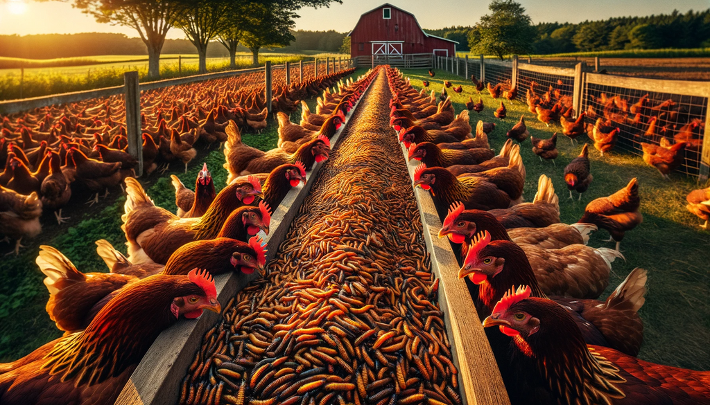 hundreds of chickens in a line eating black soldier fly larvae