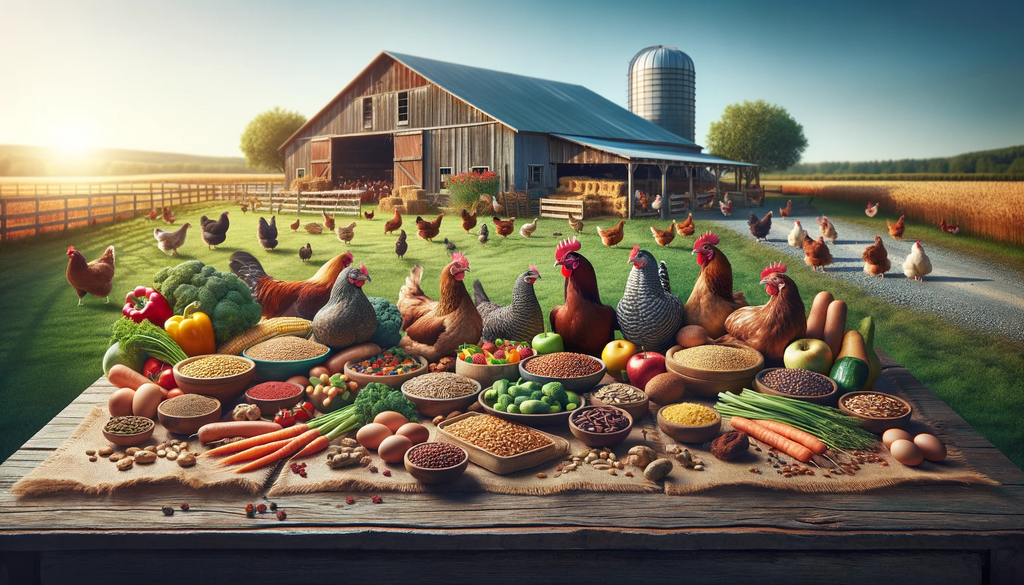 Chickens on a farm with a massive table of food
