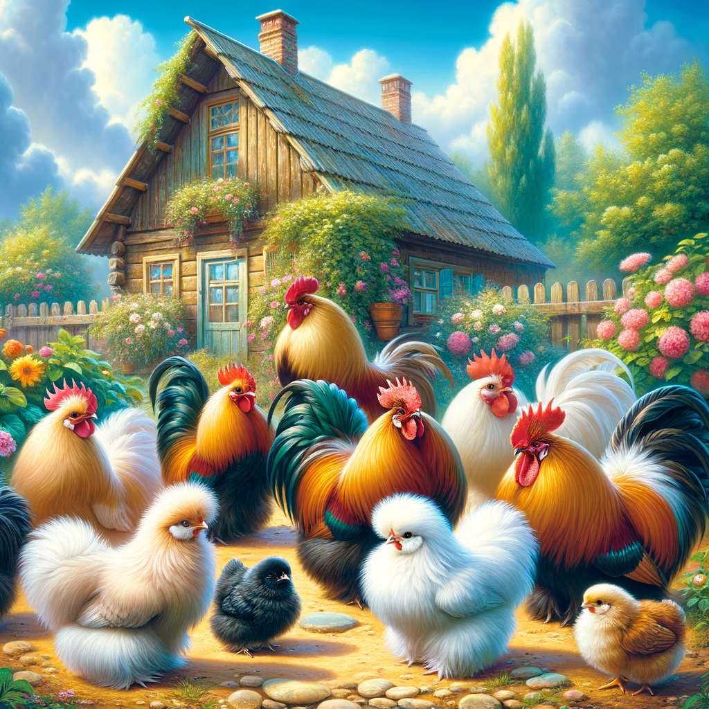 Fluffy chickens in front of a small house.