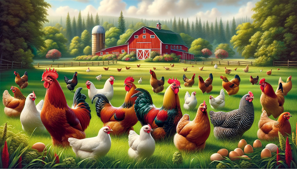 Lots of Chickens on a cartoon farm. 