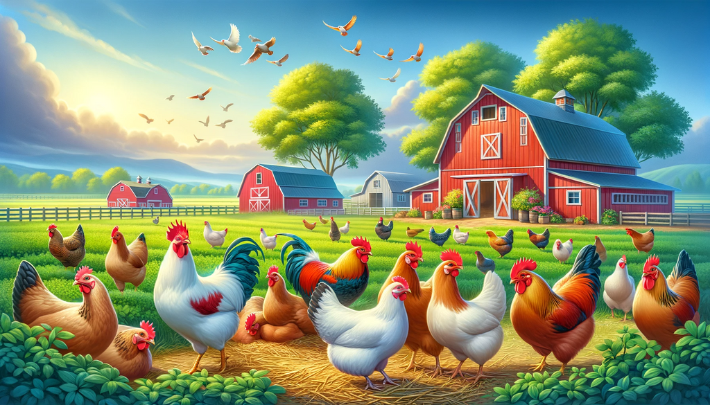 Chickens on a farm with birds flying in the sky