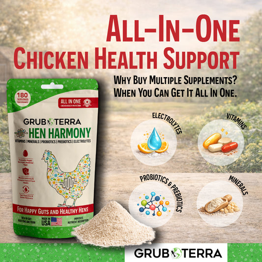 Grub & Terra Hen Harmony supplement package with health support features on a wooden background
