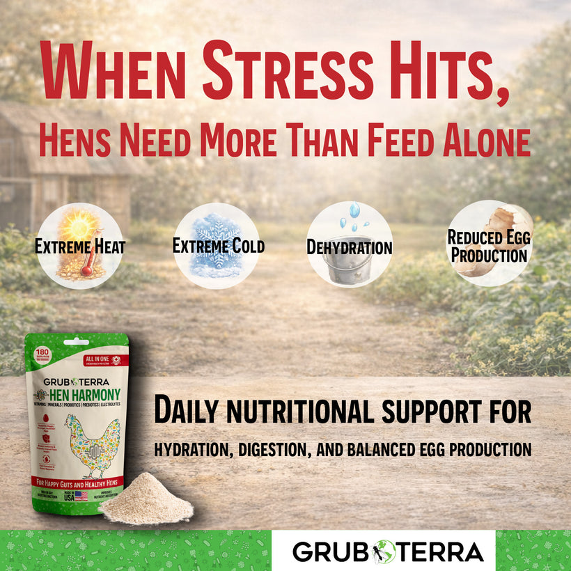 Advertisement for Grub & Terra Hen Harmony supplement with text about stress on chickens and product packaging.