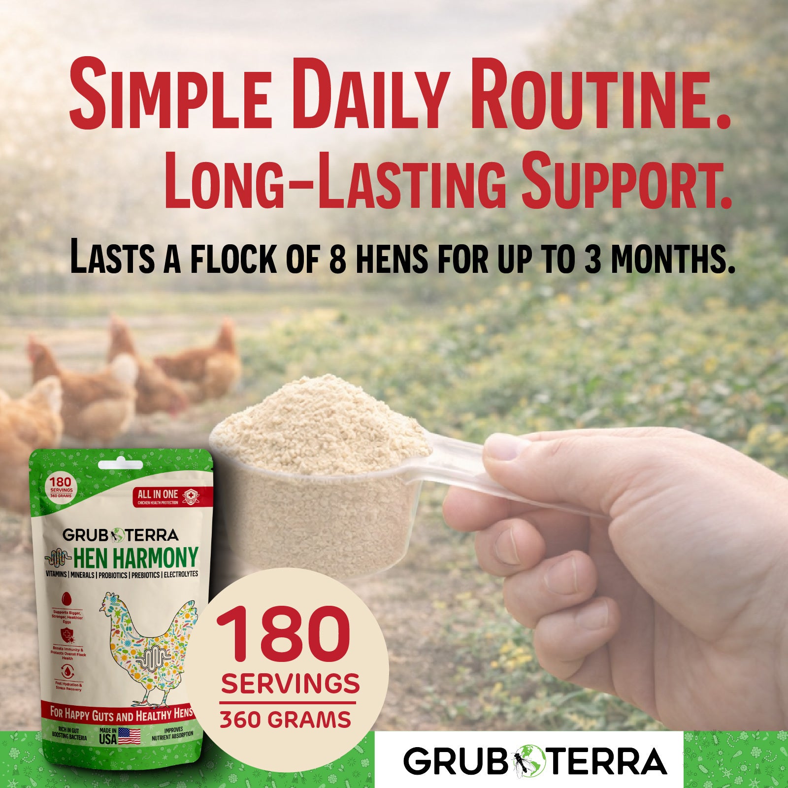 Grub & Terra Hen Harmony product with text about a simple daily routine and long-lasting support for hens.