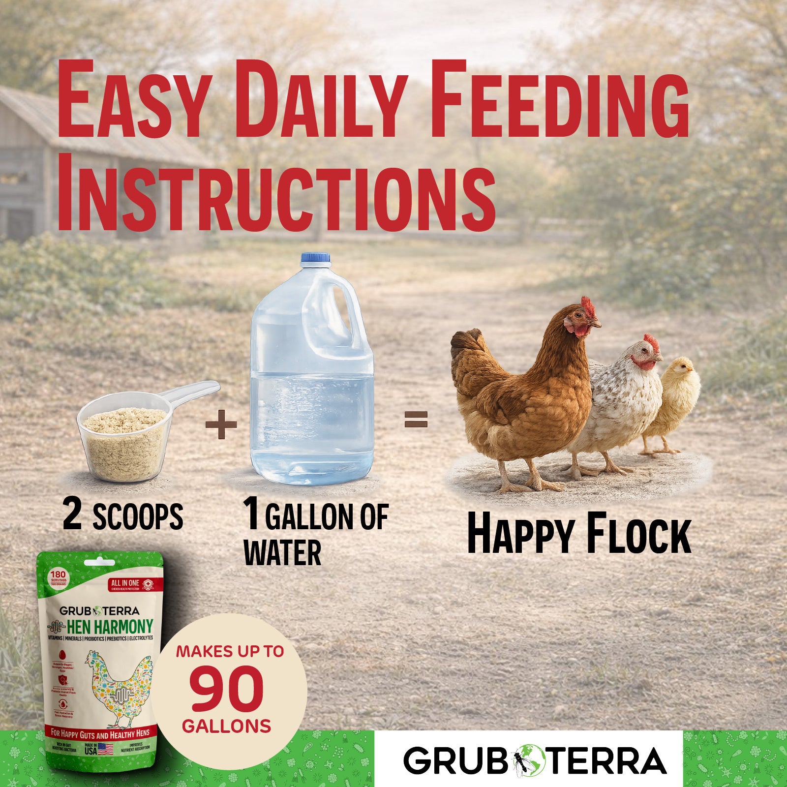 Feeding instructions for chickens with Grub & Terra product on a farm background