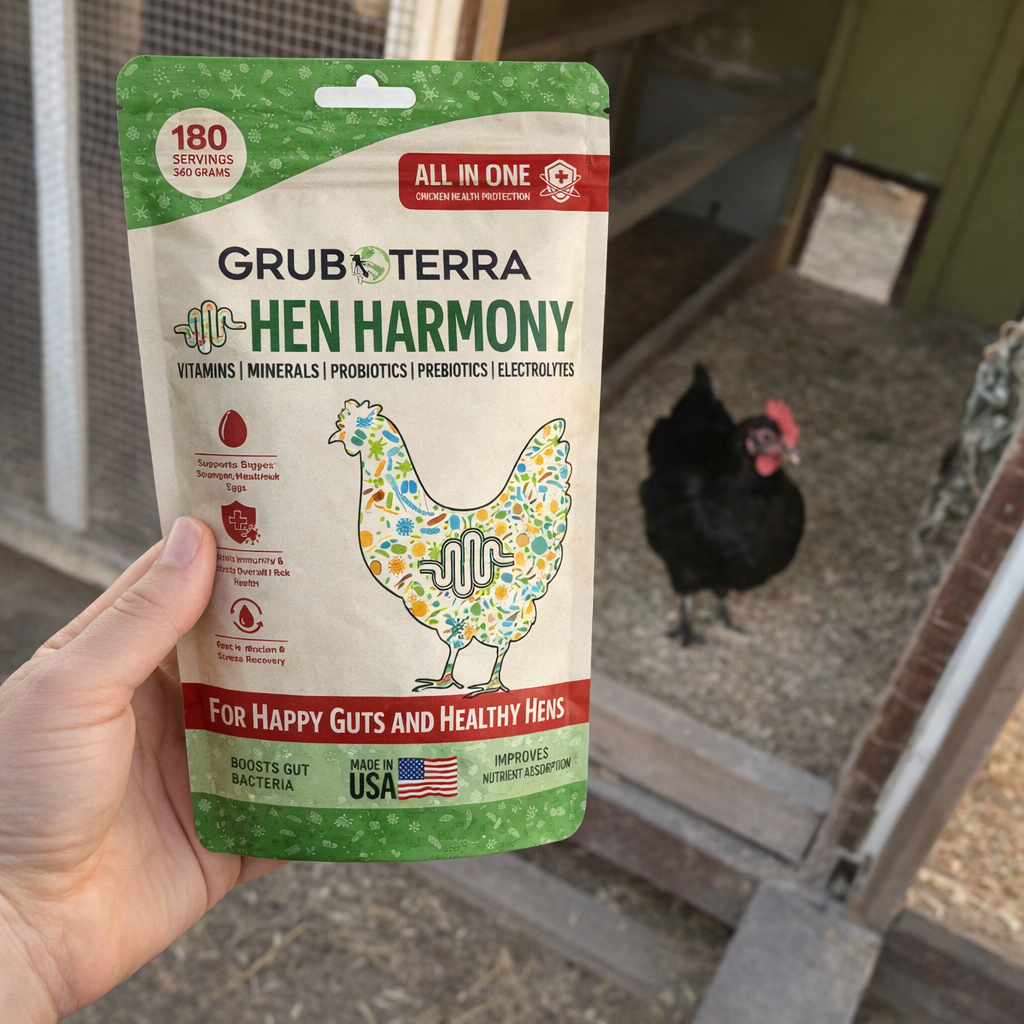 GrubTerra Hen Harmony package held by a hand with a chicken in the background