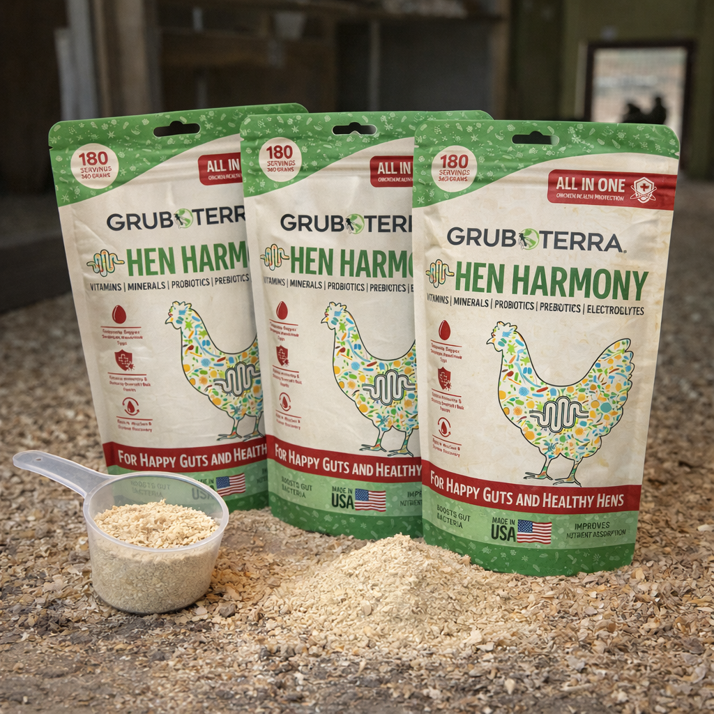 Three packages of Grub & Terra Hen Harmony on a gravel surface with a scoop of product.