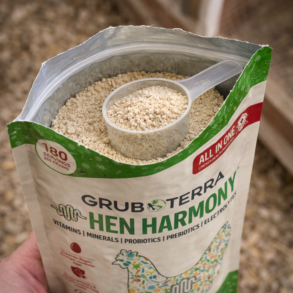 Grubterra Hen Harmony package with a scoop of product