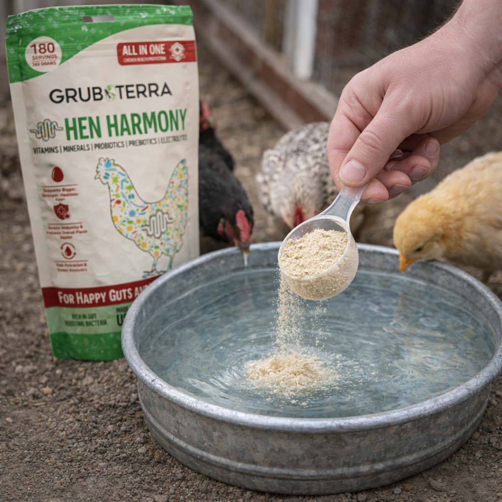 Person adding GrubTerra Hen Harmony supplement to a chicken's water bowl with chickens in the background.