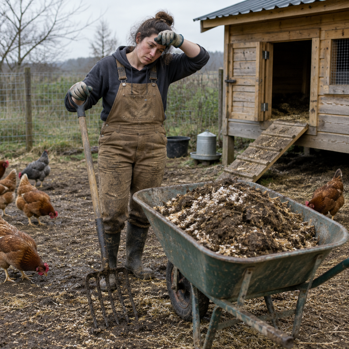 A keeper hauling a wheelbarrow of old bedding