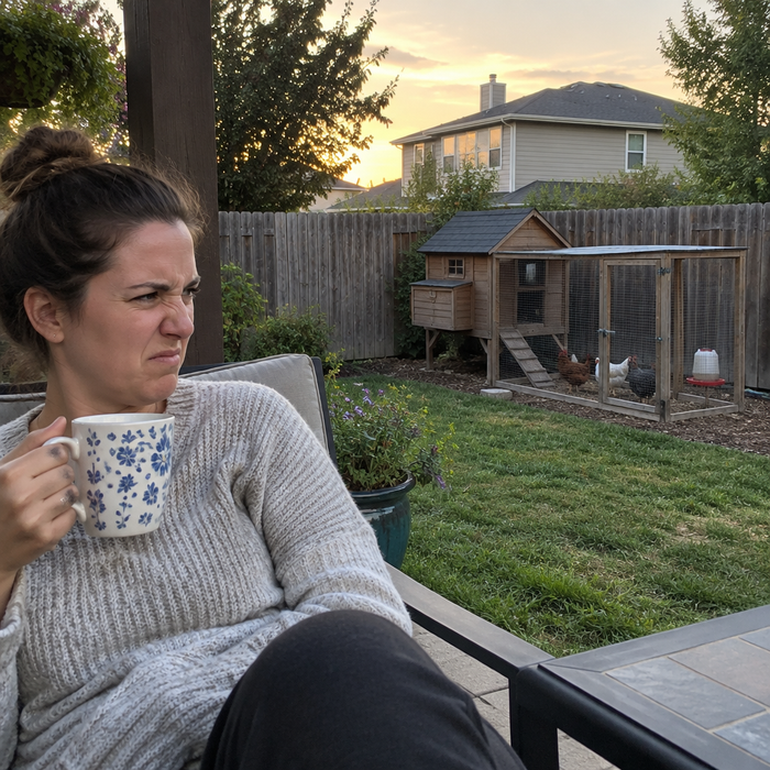 A keeper on her patio smelling the coop