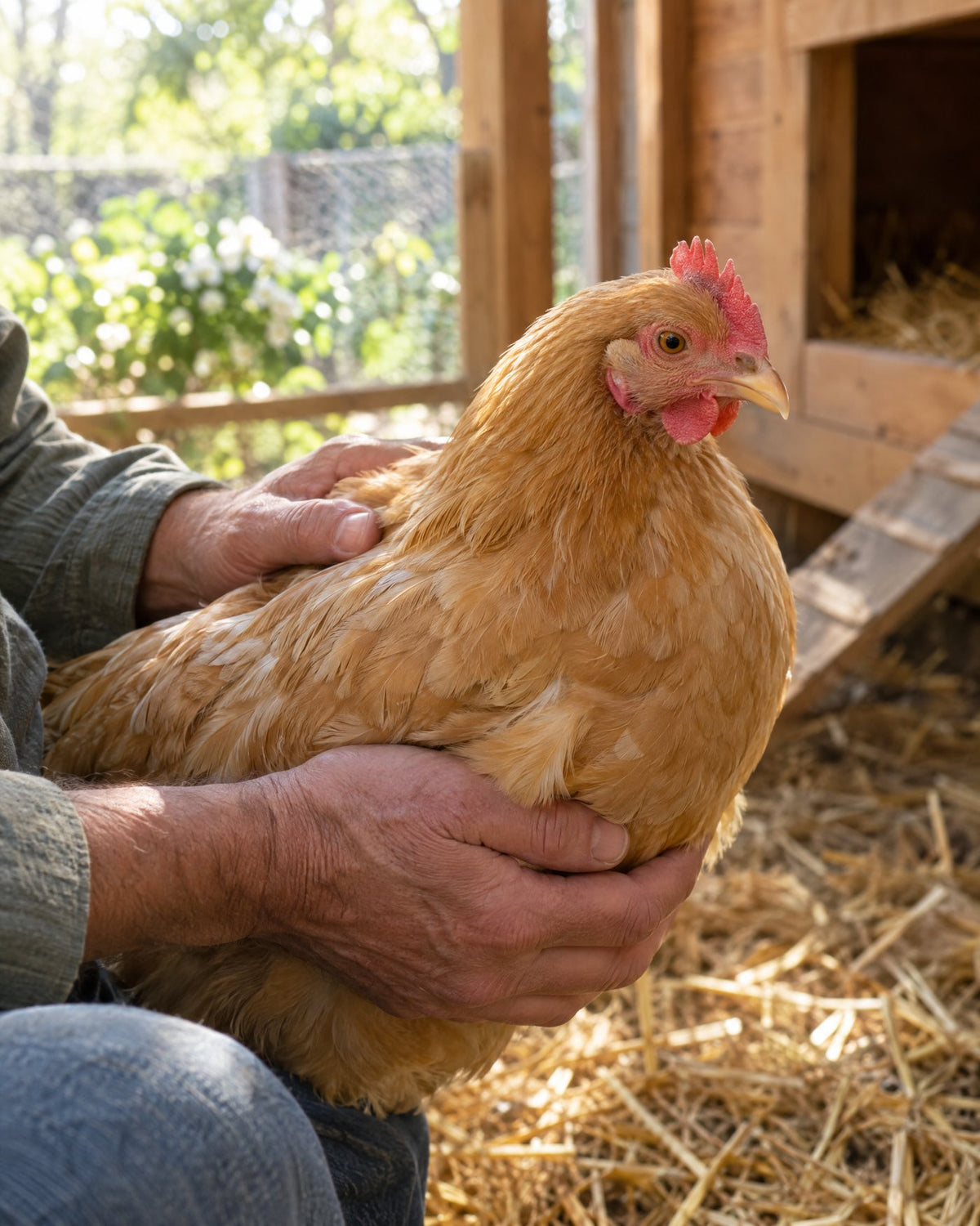 Caring hands gently holding a calm buff hen in a sunny coop