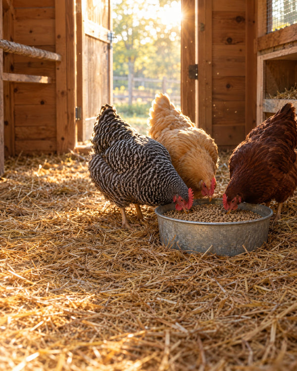 Hens eating in the coop
