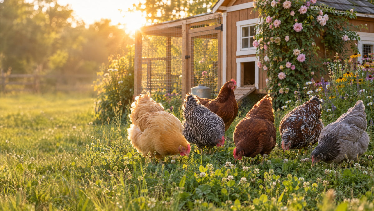 Backyard hens foraging in clover in front of a wooden chicken coop at golden hour